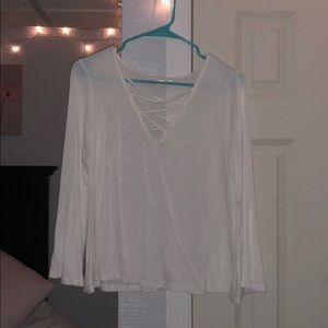 trumpet sleeve lace up white top